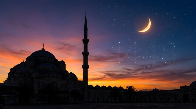 A serene mosque silhouette stands under a crescent moon at dusk with a starry sky and vibrant orange clouds.