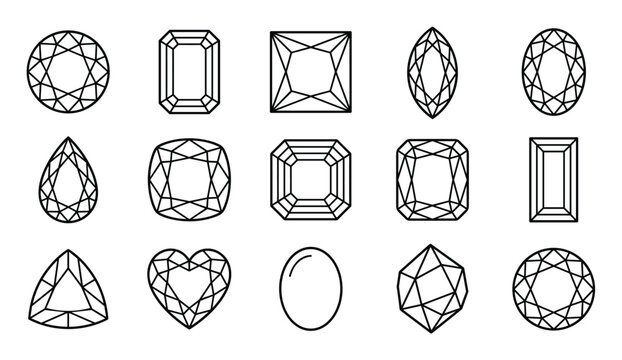 Collection of various gemstone cut outline icons, including brilliant, emerald, princess, and marquise shapes