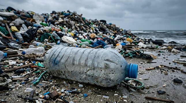 Plastic pollution accumulates on a littered beach with a discarded water bottle.