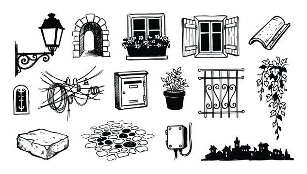 Collection of hand-drawn black and white urban elements including a street lamp, window, mailbox, and cobblestone path