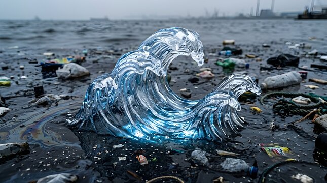 A large wave of plastic debris washes over a polluted shoreline on a gloomy day outdoors near the ocean.