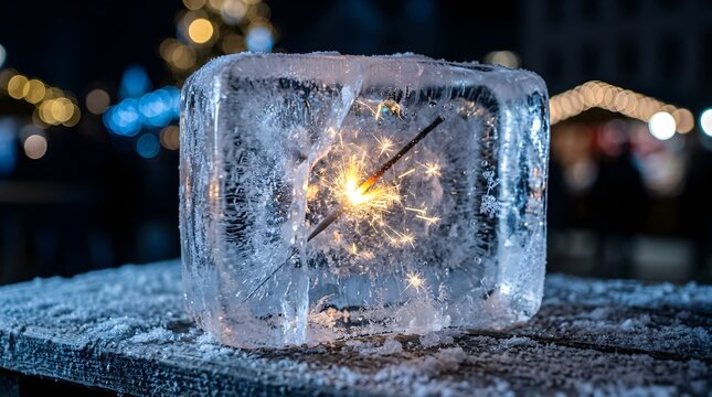 Glowing ice cube on a snowy surface with sparklers inside at nighttime