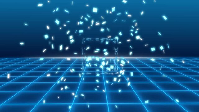 Geometric cube animation with particles. Geometric cube glowing on digital grid. Geometric cube technology graphic on black background.