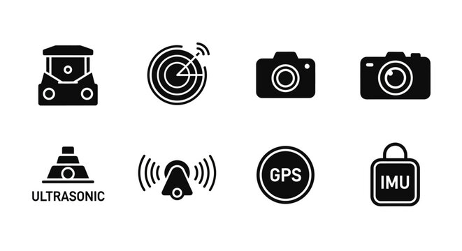Technology Icons: Sensor, Camera, GPS, IMU, Radar, Ultrasonic, Alarm
