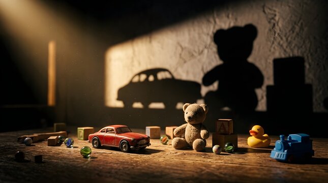 A teddy bear and toys are scattered on a wooden floor in a dark room with a spotlight.