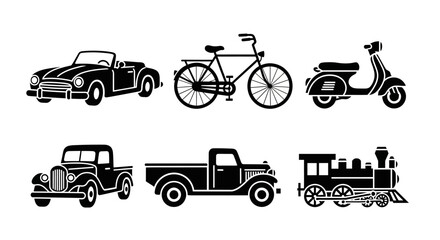 Fototapeta premium Vintage Transportation Icons: Car, Bicycle, Scooter, Truck, and Train Silhouettes