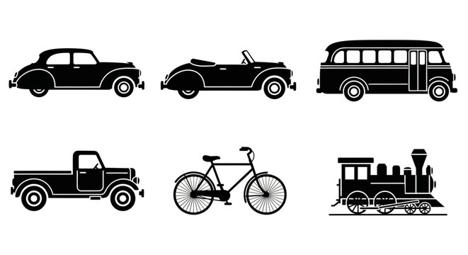 Vintage Transportation Icons: Car, Bus, Truck, Bicycle, Train Silhouettes