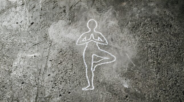 A person practices yoga on a gray concrete surface outdoors.