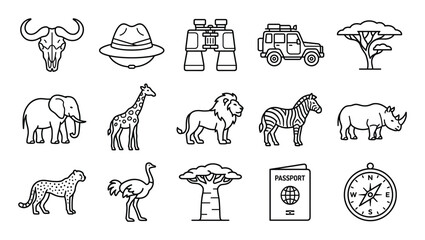 Naklejka premium Collection of black outline safari and wildlife icons, perfect for travel and adventure themes