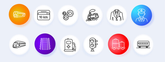 Transport railway set icon. Train distance gear locomotive uniform highspeed rail escalator fuel signal luggage wagon line icons minimal outline style travel collection. © Anastasia