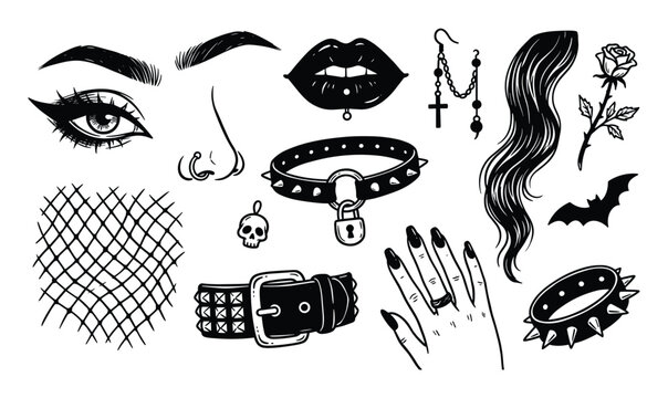 Collection of hand-drawn gothic and punk fashion elements, including eyes, lips, collars, and accessories