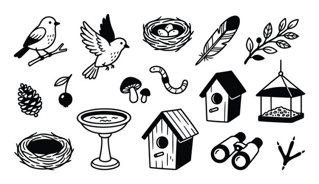 Collection of black and white bird-related icons and nature elements arranged
