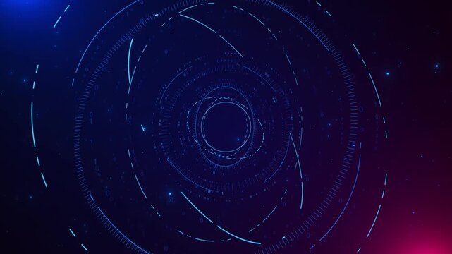 Blue circular data HUD with glowing rings, binary numbers, and dark futuristic space. Perfect for AI videos, cyber security intros, software screens, data dashboards, tech promos, and overlays.