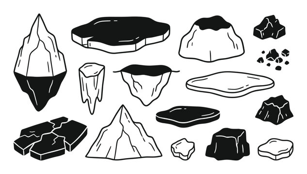 Collection of various black and white hand-drawn icebergs and ice floes in a simple cartoon style