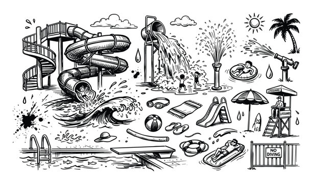 Detailed black and white illustration of various water park and swimming pool elements, including slides, a diving board, and a lifeguard stand