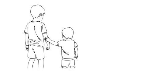 Minimalist one line art vector of two boys holding hands for International Day of Friendship July 30, friendship day two children viewed from behind. 1 two boys walking together for International Day. © Gerish