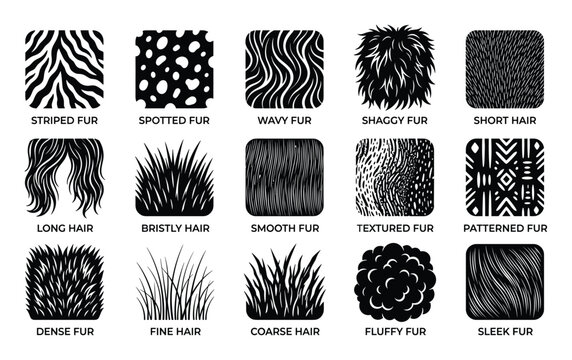 Comprehensive collection of various fur and hair textures, including striped, spotted, wavy, shaggy, and smooth patterns, presented as black icons