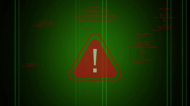 Warning sign animation with code snippets. Warning sign digital alert on green. Warning sign technology graphic on green background.