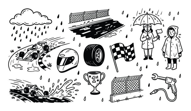 Hand-drawn black and white racing elements set including a race car, helmet, tire, and checkered flag