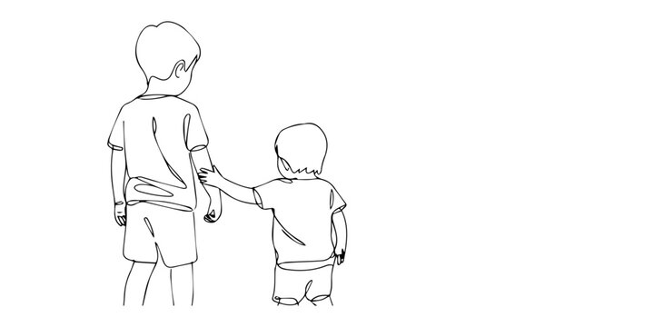 Minimalist one line art vector of two boys holding hands for International Day of Friendship July 30, friendship day two children viewed from behind. 1 two boys walking together for International Day.