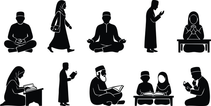 Islamic Prayer Silhouettes Vector Set &ndash; Muslim Worship, Salah, Dua, Quran Reading, Islamic Lifestyle Black Silhouette Collection
