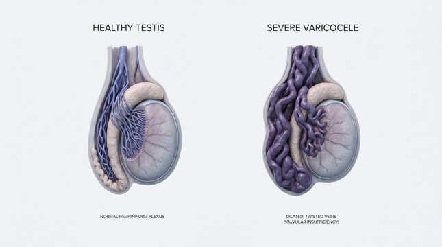 Severe Varicocele vs Healthy Testis Anatomy with Dilated Pampiniform Plexus 3D
