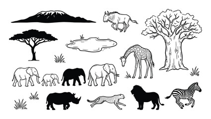 Naklejka premium Collection of hand-drawn safari animals and landscape elements, including elephants, a giraffe, a zebra, a lion, a cheetah, a rhino, a wildebeest, trees, a mountain, and a watering hole