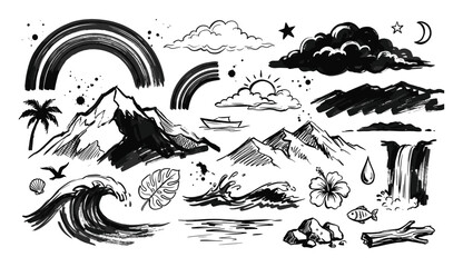 Obraz premium Hand-drawn black and white nature elements including mountains, waves, clouds, and a palm tree