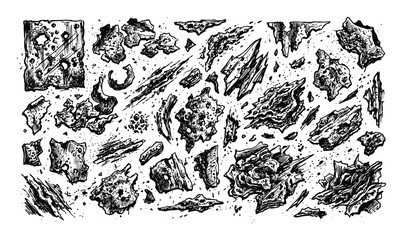 Fototapeta premium Collection of various abstract, rough, and textured ink-drawn shapes