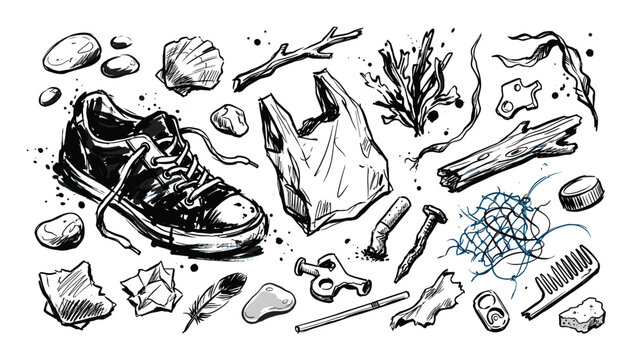Various hand-drawn illustrations of beach litter including a shoe, plastic bag, cigarette butt, and other debris