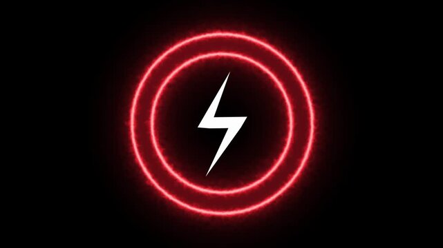 Energy icon animation with white bolt. Energy icon red neon ring and sparks. Energy icon digital technology graphic on black background.