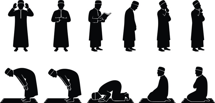 Islamic Prayer Silhouettes Vector Set &ndash; Muslim Worship, Salah, Dua, Quran Reading, Islamic Lifestyle Black Silhouette Collection