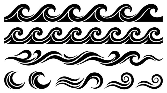 Set of diverse black ocean wave borders and swirl patterns for graphic design projects and decoration