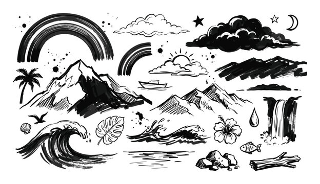 Hand-drawn black and white nature elements including mountains, waves, clouds, and a palm tree