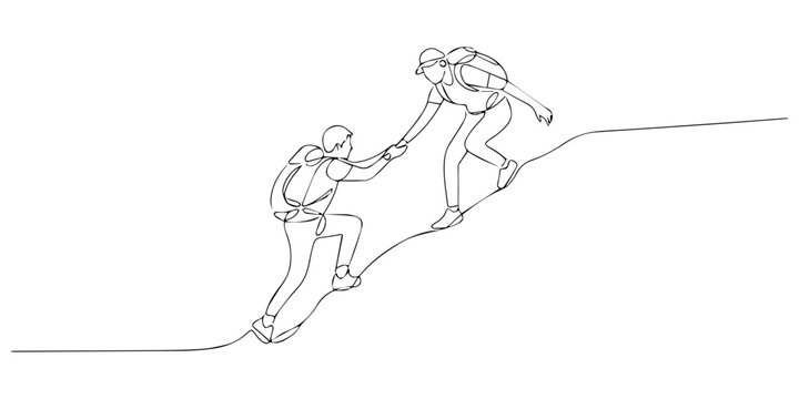 Continuous one line drawing group of people man woman helping each other hike up a mountain. Business, success, leadership, group of business people helping each other hike up a mountain Business,goal