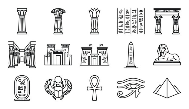 Collection of black outline ancient Egyptian symbols and architectural elements, presented as icons