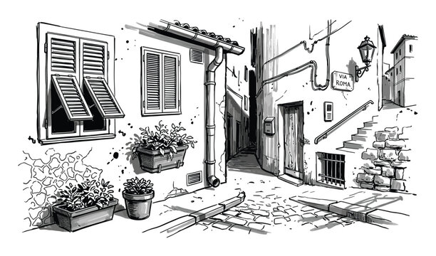 Hand-drawn black and white sketch of a charming European street with open window shutters and potted plants