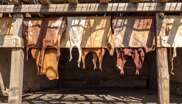 Animal hides drying and curing under wooden beams in a rustic workshop