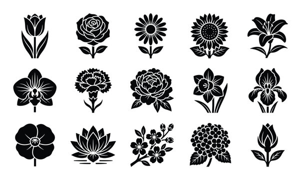 Collection of various stylized black flower icons with distinct petals and stems