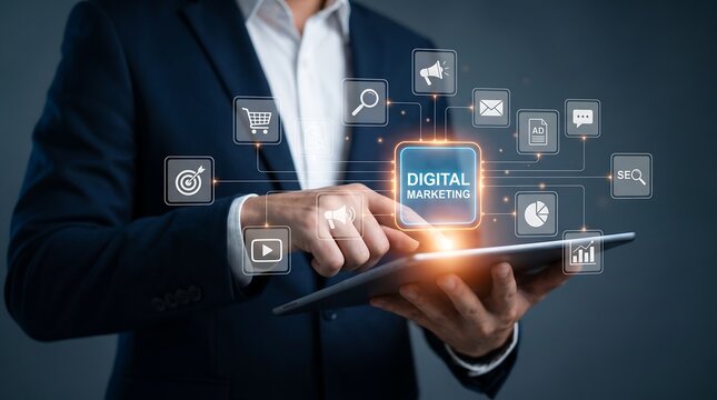 Executive using digital tablet to interact with holographic interface featuring digital marketing symbols for online advertising and e-commerce growth and search engine optimization strategy