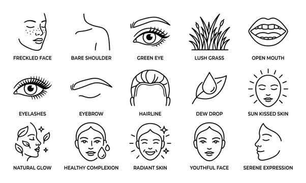 Collection of various outline icons representing human facial features and natural elements