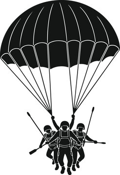 Paratroopers jumping from plane, skydiving team, airborne soldiers, military, adventure.