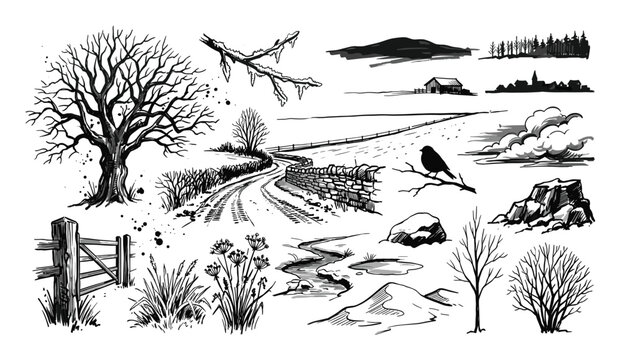 Collection of hand-drawn winter landscape elements including a bare tree, snowy road, and rustic fence in black and white ink