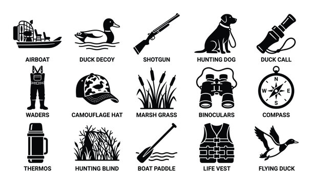 Comprehensive collection of black silhouette duck hunting icons, including an airboat, shotgun, and hunting dog