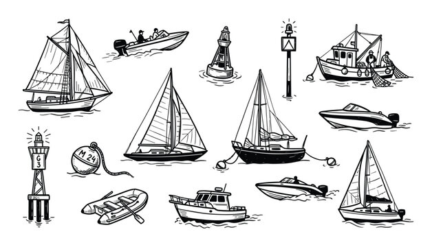 Various hand-drawn black and white nautical elements, including sailboats, motorboats, fishing boats, buoys, and lighthouses, floating on water