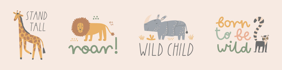African safari animals sticker set with lettering quotes. Cute flat hand drawn nursery characters. Giraffe, rhino, lion and lemur. Perfect for prints, wildlife projects, and kids designs. © Veronica