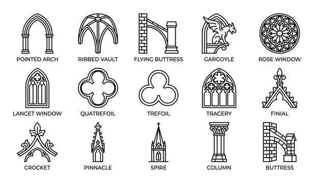 Collection of black outline gothic architecture elements and details