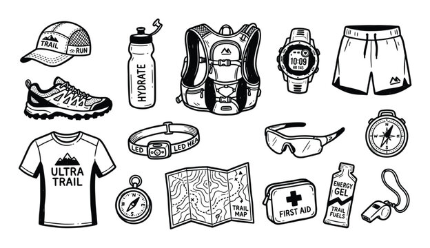 Collection of black and white hand-drawn trail running gear and accessories