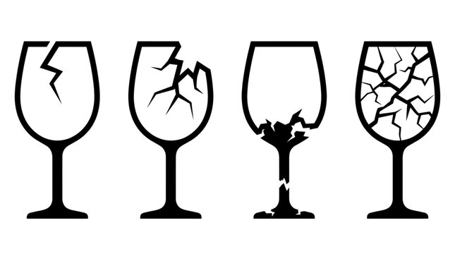 Sequential graphic presentation of fractured beverage glassware symbolizing breakage and delicacy