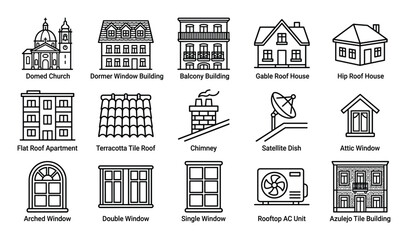 Obraz premium Collection of various building and architectural element line icons